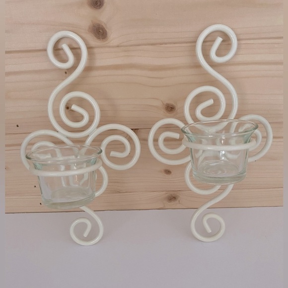 Wall Sconces Wrought Iron Ivory Beige Set of 2 with Glass Tea Light Holder - Picture 2 of 8